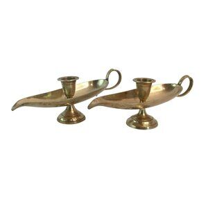 Vintage Genie Lamp Brass Candle Holders Set Of 2 With Handle & Spout Design